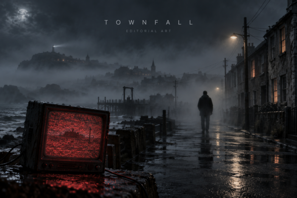 Оригинална редакционна илюстрация за Silent Hill: Townfall с мъглив крайбрежен град и CRT телевизор; не е официален кадър от играта