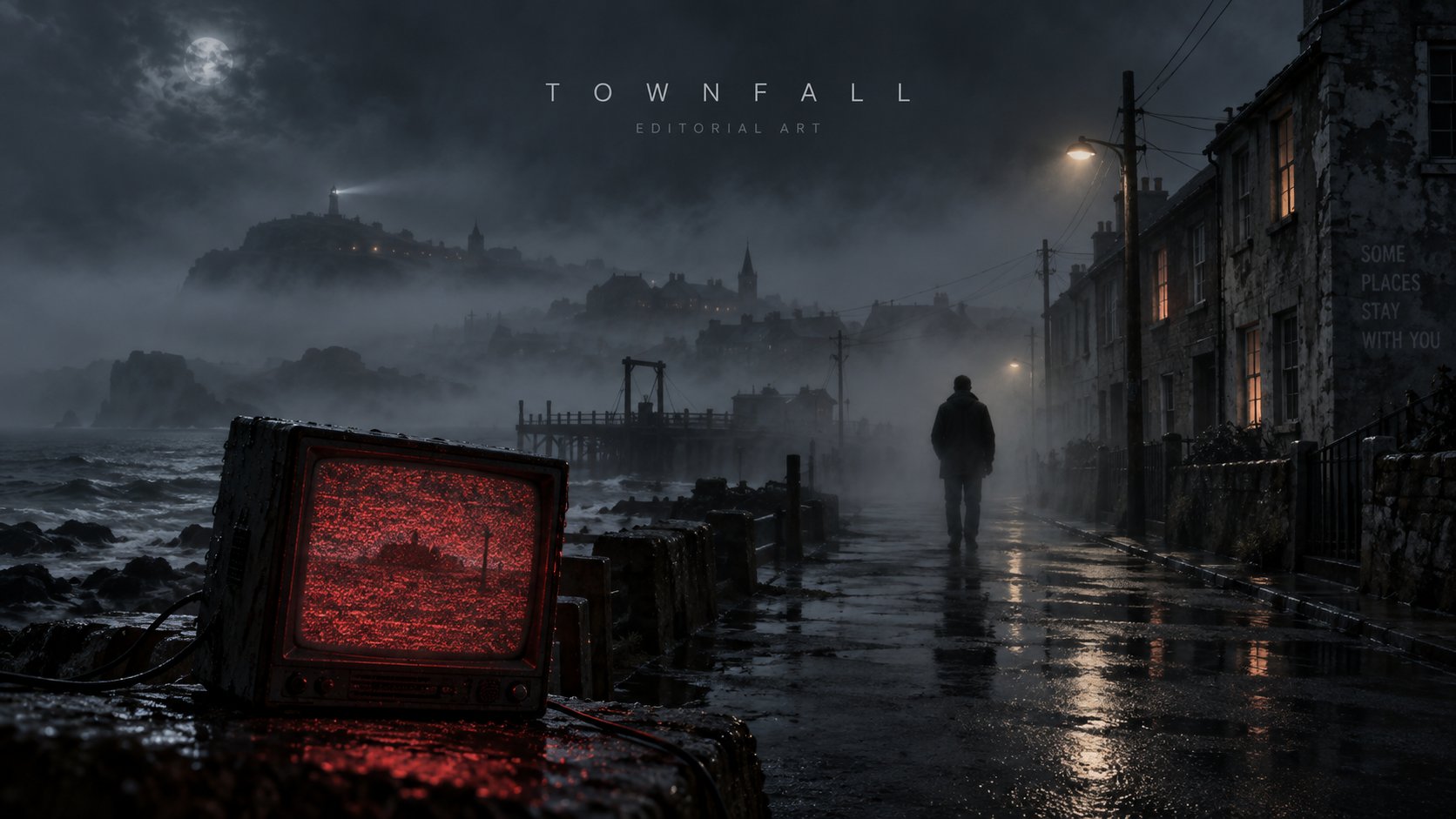 Оригинална редакционна илюстрация за Silent Hill: Townfall с мъглив крайбрежен град и CRT телевизор; не е официален кадър от играта